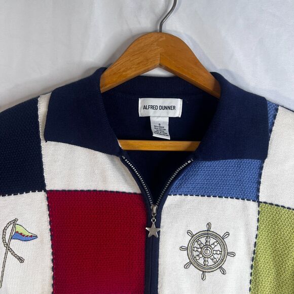 Nautical Embroidered Beaded Zip Up Short Sleeve Sweater Alfred Dunner Size Small - Picture 3 of 10